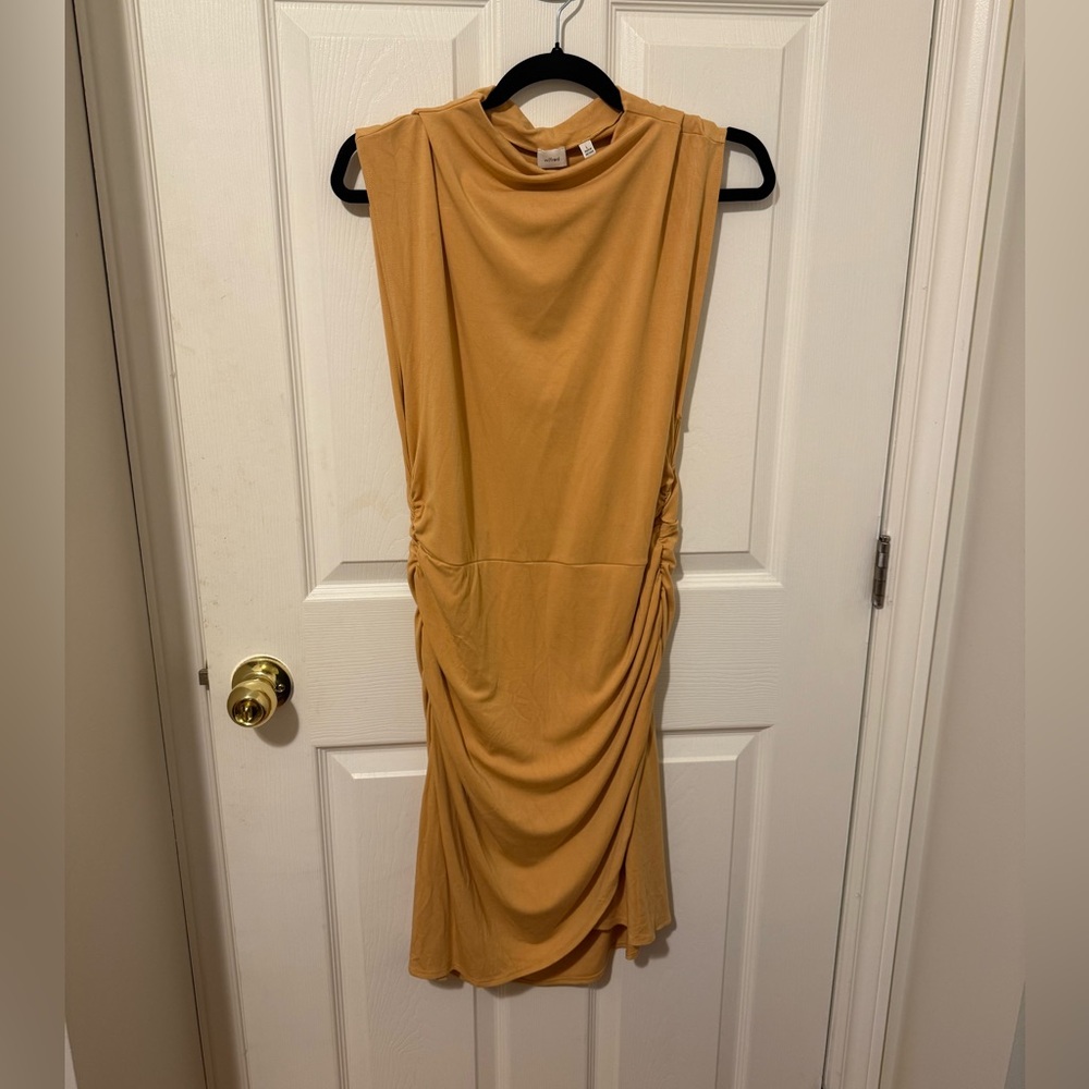 Aritzia Smooth Matter Eavesdrop Dress Sleeveless Ruched Bodycon Yellow Gold